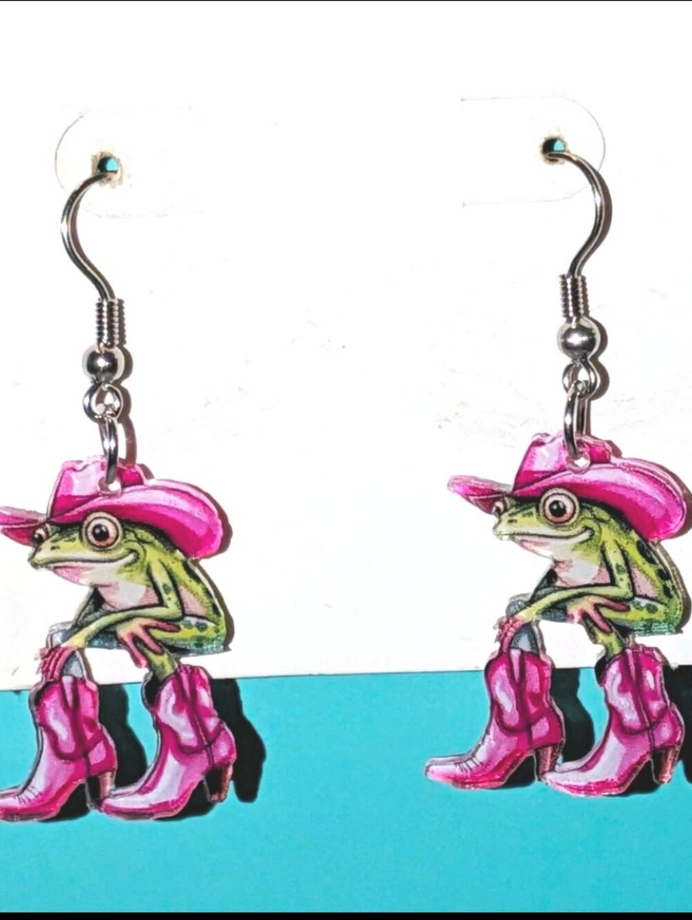 Hand Crafted Pink Cowboy Frog Dangle Earrings